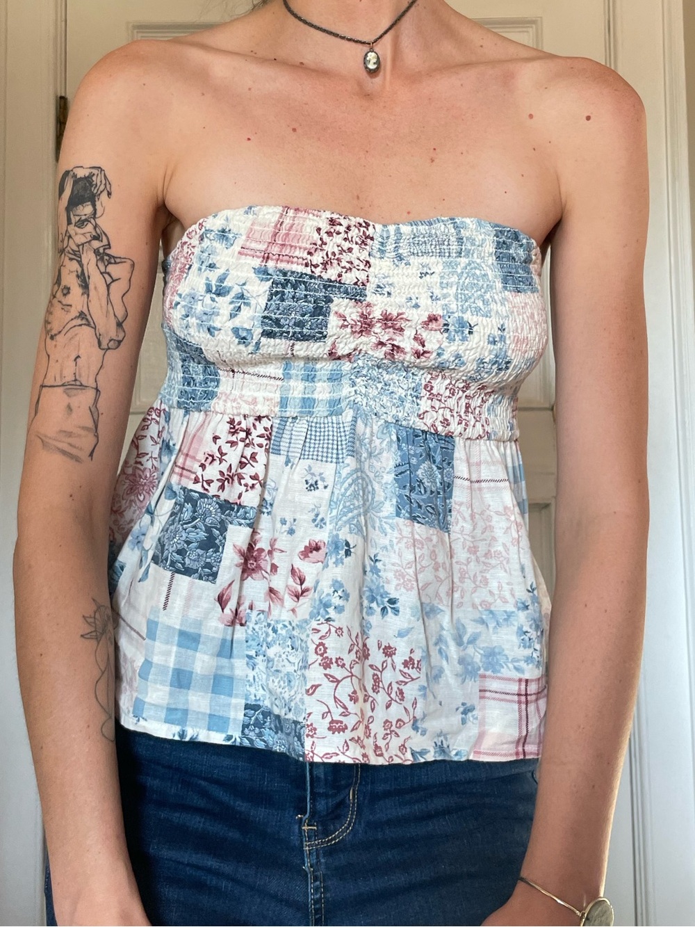 Patchwork Smocked Strapless Top - Blue, White & Red